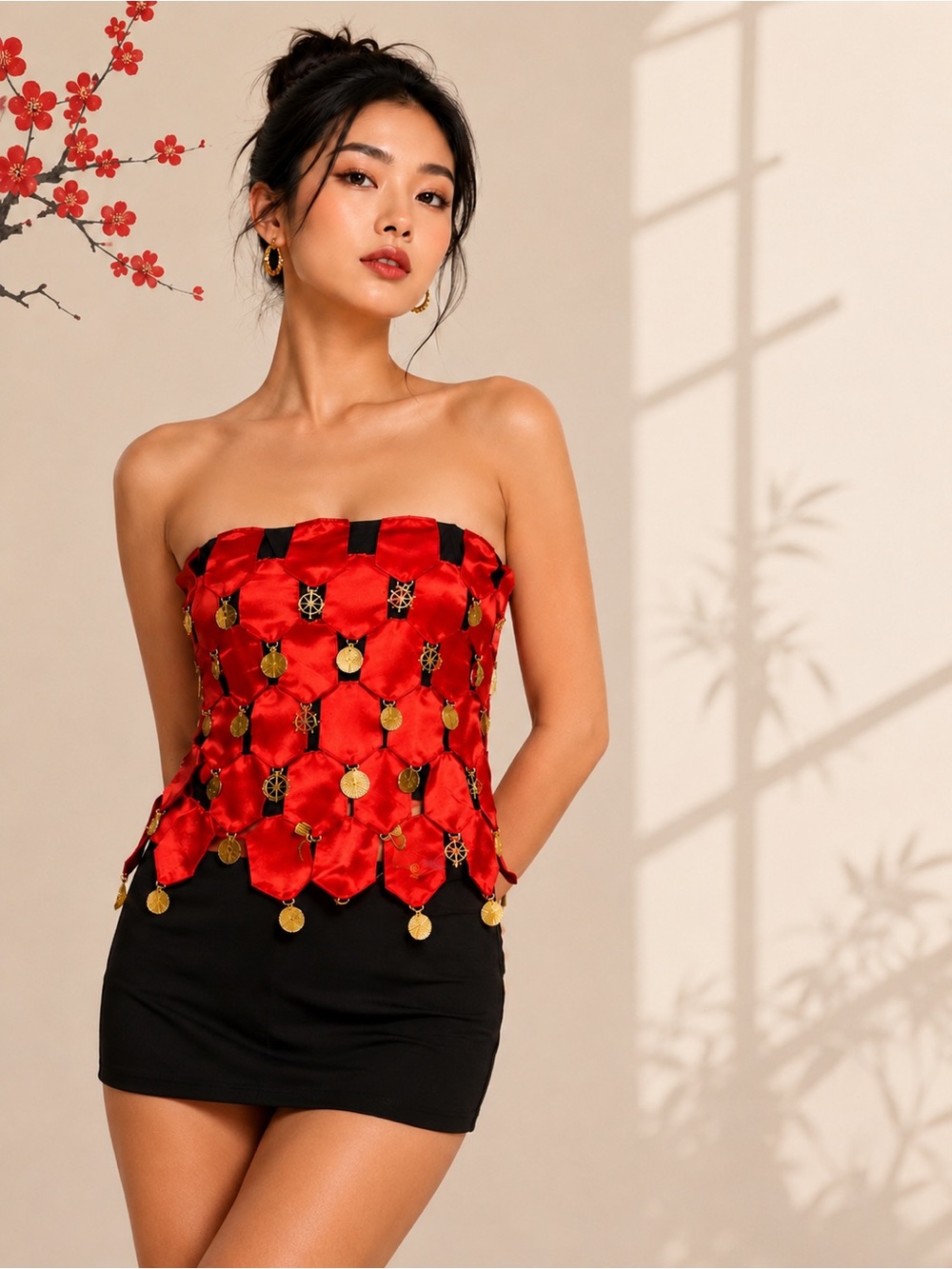 AKIRA Red Multi Corset Top Satin Gold Charm Strapless Bustier Small NWT